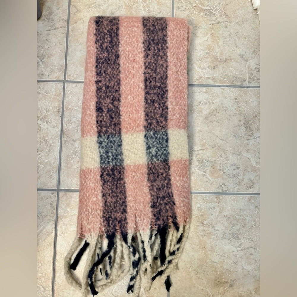 Pink Plaid Fringe Blanket Scarf